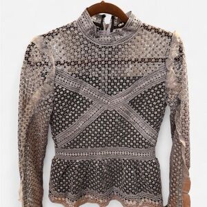 Ina Gray Lace Peplum Mock Neck Blouse